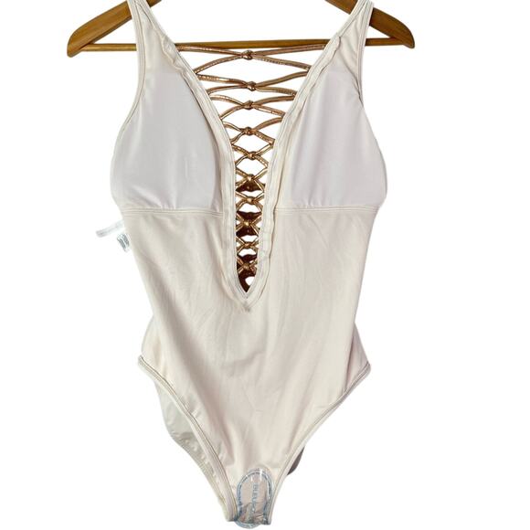 Bleu Rod Beattie Oh So Knotty Lace Down White One Piece Swimsuit - Picture 9 of 12